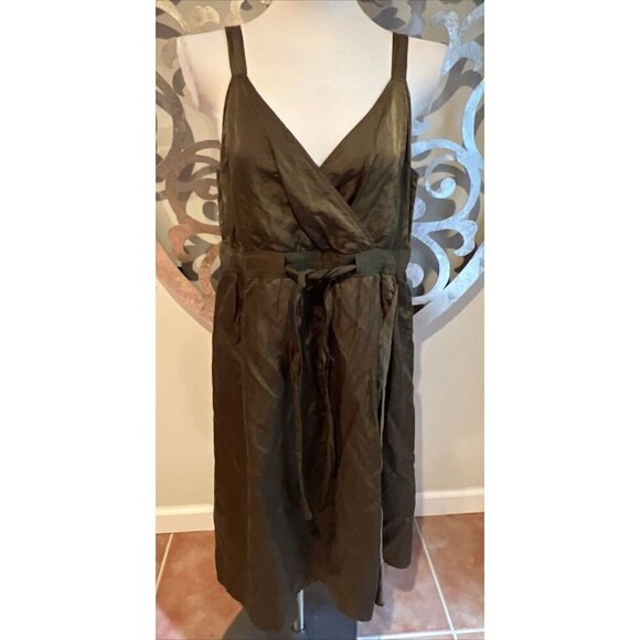 Eileen Fisher Dress Size 12 Crumple Wrap Army Green Elastic V-Neck Cotton Nylon - Picture 1 of 10